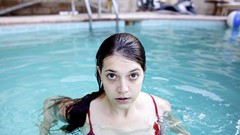 Woman brunettes ponytails swimsuits swimming pools