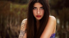Woman brunettes red lipstick