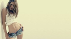 Woman brunettes Simple Background denim shorts