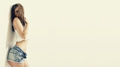 Woman brunettes Simple Background denim shorts