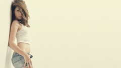 Woman brunettes Simple Background denim shorts