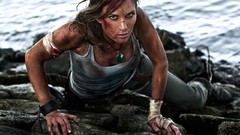 Woman brunettes tomb raider sea shorelines filthy