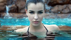Woman brunettes wet hair swimming pools Ashley Revollo
