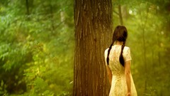 Woman brunettes white dress forests