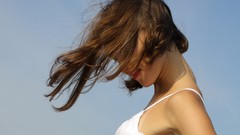 Woman brunettes white dress models hair in face Amour Angels 