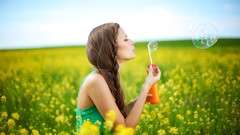 Woman bubbles fields long hair brunettes models