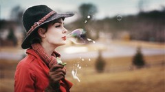 Woman bubbles hats brunettes