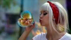 Woman bubbles Hearts blondes bangs models blowing bubbles