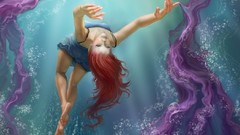 Woman bubbles underwater swimming long hair barefoot redheads 