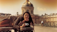 Woman Cameras outdoors asians long hair orange background depth 