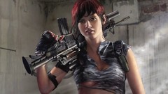 Woman camouflage indoors redheads Rifles concept art Grenades 