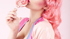 Woman Candies pink hair models cleavage