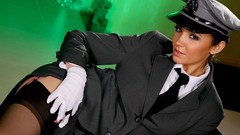 Woman caps uniforms models lying down