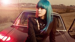Woman cars asians blue hair bangs Korean