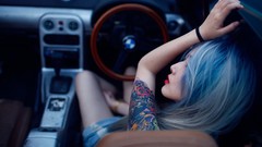 Woman cars BMW legs tattoos skirts blue hair red lipstick