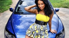 Woman cars brunettes blue cars