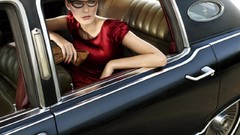 Woman cars glasses red dress brunettes Alex girls with glasses