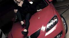 Woman cars Mazda blondes leggings red cars girls with cars 