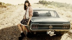 Woman cars roads vintage sunlight brunettes vehicles gravel 