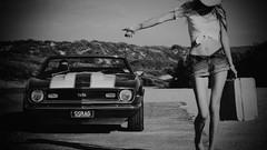 Woman cars suitcase Hitchhiking grayscale cowgirls