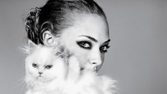 Woman cats monochrome brunettes models amanda seyfried grayscale