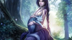 Woman cats purple hair artwork fantasy art