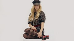 Woman Celebrity Avril Lavigne sitting blondes uniforms singers 