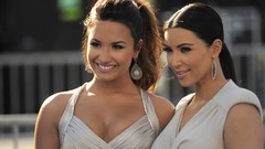 Woman Celebrity demi lovato white dress cleavage kim kardashian