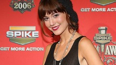 Woman Celebrity red background Actress brunettes bangs spike 