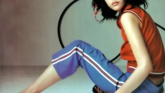 Woman Celebrity sitting Actress asians barefoot bangs black 