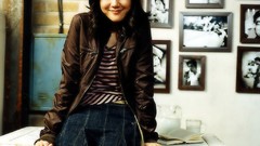 Woman Celebrity sitting Actress asians smiling bangs black hair 