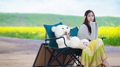 Woman chairs dress asians long hair models teddy bears Korean
