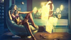 Woman chairs headphones stockings lingerie bra panties artwork 