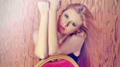 Woman chairs lips Arms blondes eye shadow black dress arms 