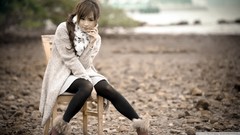 Woman chairs sitting asians brunettes