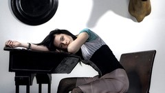 Woman chairs skirts boots models black hair black stockings 