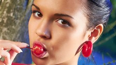 Woman cherries faces brown eyes