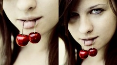 Woman cherries gray eyes brunettes