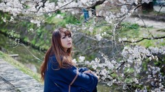 Woman cherries sitting asians long hair brunettes