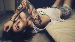 Woman chest legs t-shirts tattoos brunettes underwear