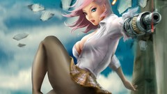 Woman chest shooting skirts pink hair