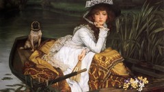 Woman children Boats paintings young lakes artwork