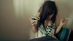 Woman Cigarettes cups brunettes disheveled amateurs