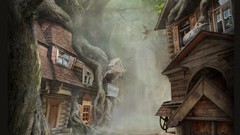 Woman cityscapes forests Villages artwork fantasy art