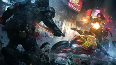 Woman cleavage artwork futuristic motorbikes Marek Okon LMS