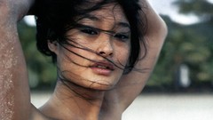 Woman close-up asians brunettes models black eyes arms raised 