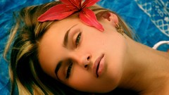 Woman close-up faces blondes models flower in hair nude 