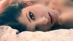 Woman close-up faces brunettes models open mouth dark eyes