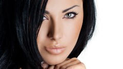 Woman close-up faces green eyes models black hair