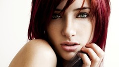 Woman close-up faces green eyes open mouth susan coffey redheads